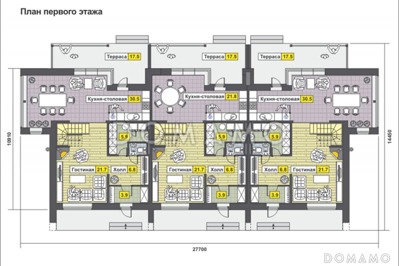 Проект дома с крытой террасой, большой кухней-столовой, просторной гостиной с камином, постирочной, балконом / План 1 этажа