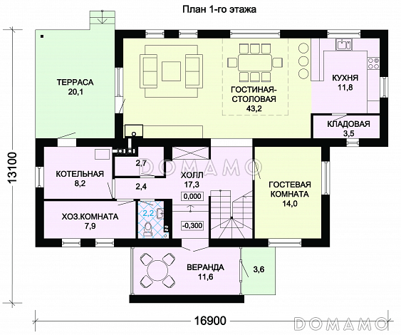 Проект дома из пеноблоков с четырьмя просторными спальными комнатами на мансардном этаже / План 1 этажа