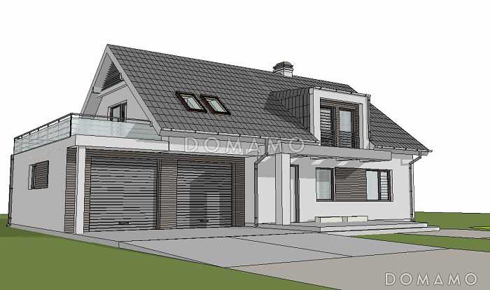 Проект одноэтажного мансардного дома из газобетона с эркером в кухонной зоне, вертикальным мансардным окном и гаражом на два автомобиля