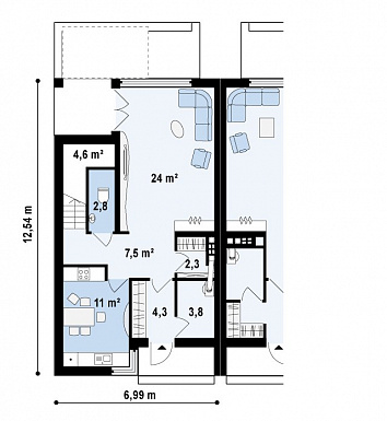 Проект компактных мансардных домов-близнецов из газобетона с изолированной кухней и тремя спальнями / План 1 этажа