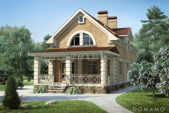 Проект гармоничного, кирпичного дома с эркером, сауной и коричневой крышей