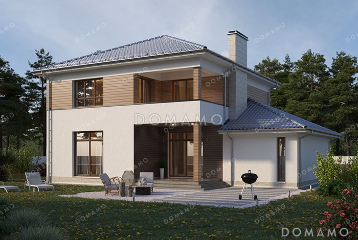 Проект двухэтажного дома с террасой, гаражом и балконом