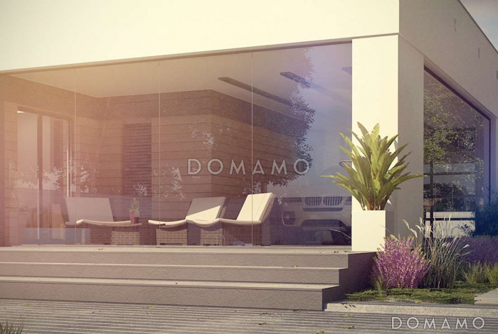 Проект современного одноэтажного дома из кирпича с тремя спальнями и оригинальным навесом для автомобиля совмещённым с террасой