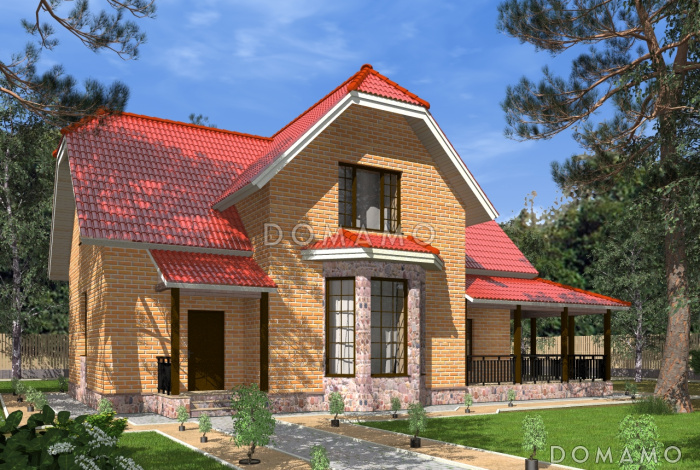 Проект полутораэтажного коттеджа с яркой облицовкой и открытой террасой из СИП панелей