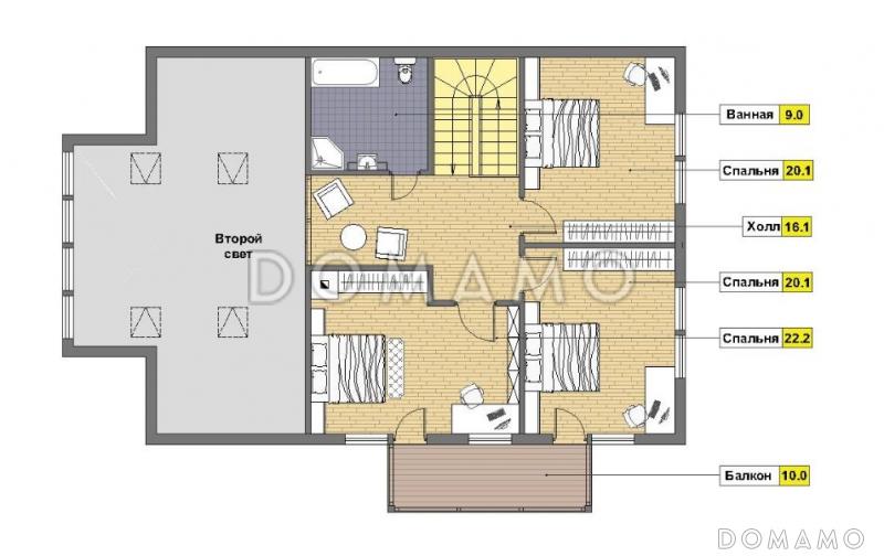 Проект дома из пенобетона с просторной кухней и вторым светом / План мансардного этажа