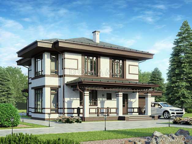 Проект двухэтажного газобетонного дома с гаражом,, масштабным остеклением и двумя террасами