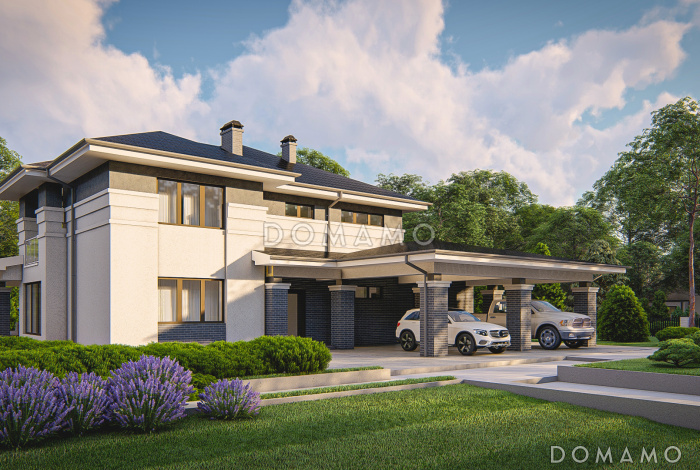 Проект дома с гаражом на 2 машины, большой гостиной, проходом на кухню из прихожей, отдельным входом в котельную