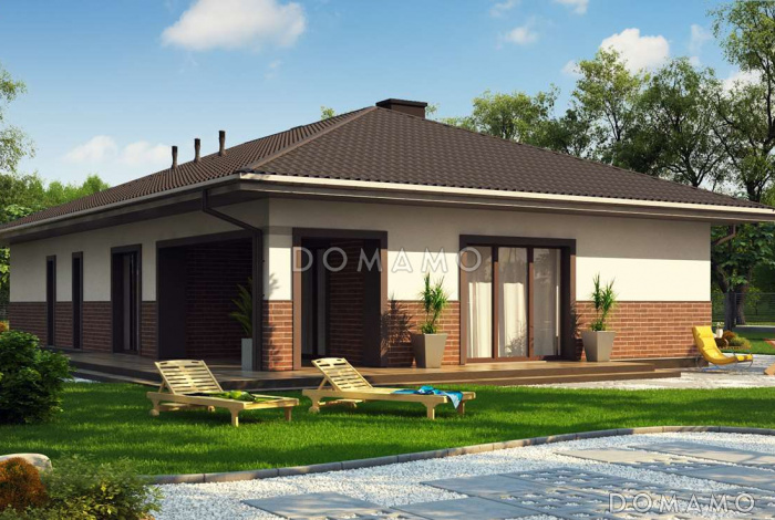 Проект просторного одноэтажного дома из газобетона с тремя спальнями, большой гостиной-столовой и гаражом на два автомобиля