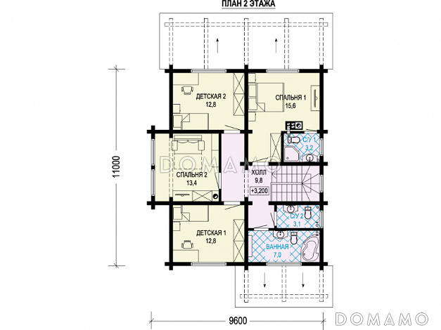 Проект двухэтажного дома из бруса с пятью комнатами, эркером и крытой террасой / План 2 этажа