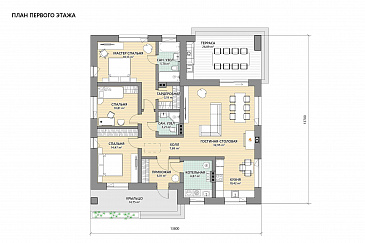 Проект кирпичного дома с мастер-спальней, просторной гостиной и крытой террасой / План 1 этажа