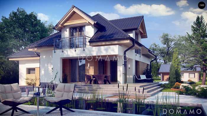 Проект загородного дома с гаражом, просторной гостиной, французскими балконами, чердаком