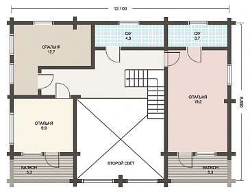 Проект деревянного дома из клееного бруса с просторной, светлой гостиной и техническим помещением с отдельным входом / План 2 этажа