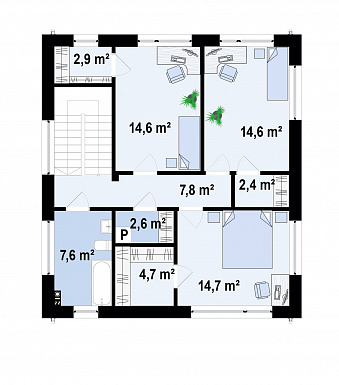 Проект дома с подземным гаражом, кабинетом, светлой дневной зоной, спальнями на втором этаже с гардеробными / План 2 этажа