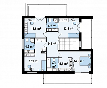 Проект современного двухэтажного дома из газобетона, с пятью комнатами, гаражом и террасами на обоих уровнях / План 2 этажа