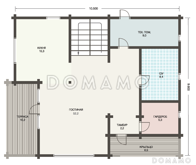Проект деревянного дома из клееного бруса с гостинной на втором этаже / План 1 этажа