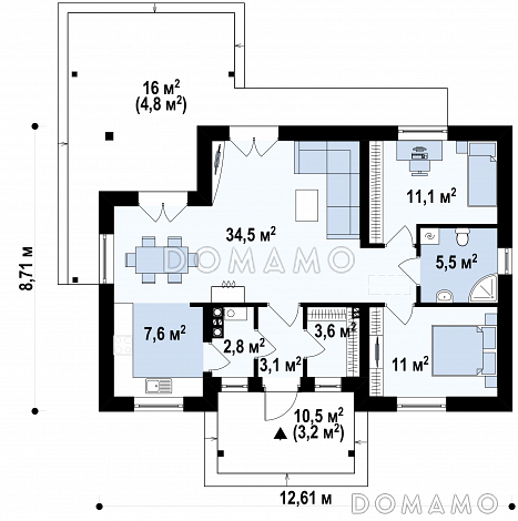 Проект компактного одноэтажного дома из кирпича с двумя спальнями и частично крытой угловой террасой, с возможностью обустроить мансарду / План 1 этажа