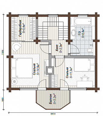 Проект двухэтажного коттеджа с эркером первого этажа, который переходит в балкон / План мансардного этажа