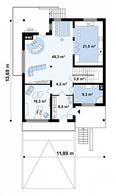 Проект большого двухэтажного дома из кирпича с цокольным этажом и подземным гаражом / План 1 этажа