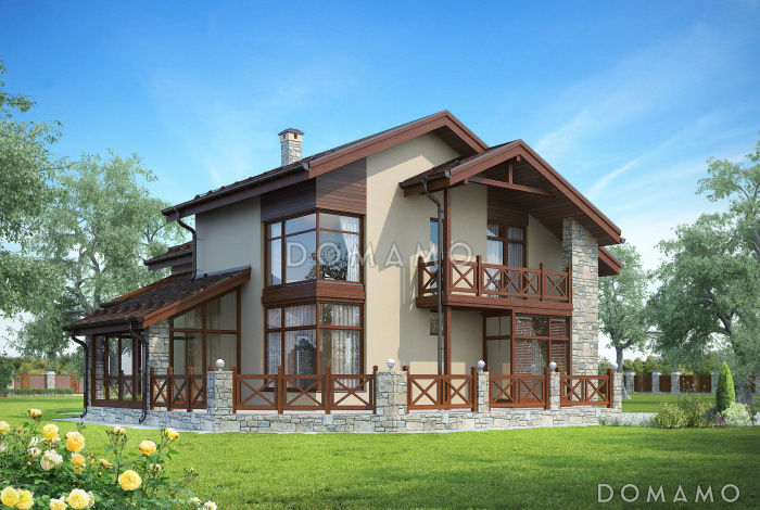 Проект дома с большой открытой террасой, навесом на одну машину, вторым светом, террасой и балконом на мансардном этаже