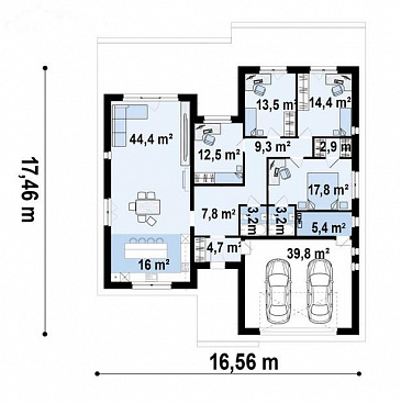 Проект одноэтажного дома с плоской крышей, просторной кухней-гостиной, гаражом, мастер-спальней / План 1 этажа