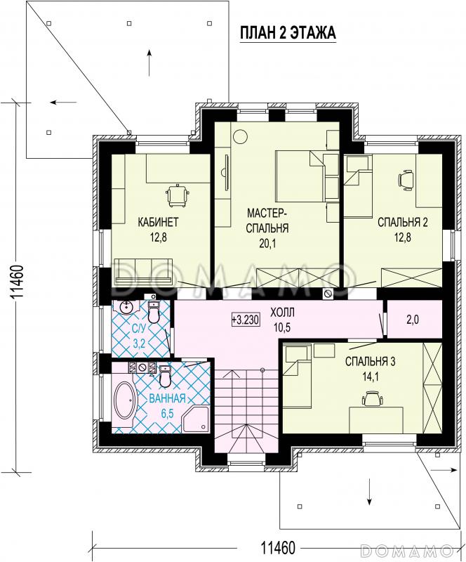 Проект дома из газобетона с кабинетом, гостевой, террасой и тремя спальнями / План 2 этажа