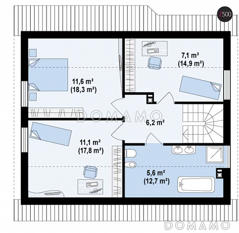Проект одноэтажного мансардного дома из кирпича с тремя спальнями, кабинетом и эркером в гостиной / План мансардного этажа