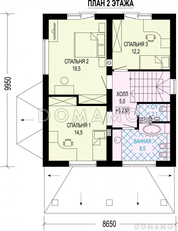 Проект дома из газобетона с эркером, крыльцом-террасой и 4 спальнями / План 2 этажа