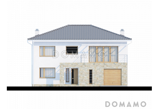 Проект просторного современного двухэтажного дома из кирпича, с пятью комнатами, гаражом и балконом / Фасад 2