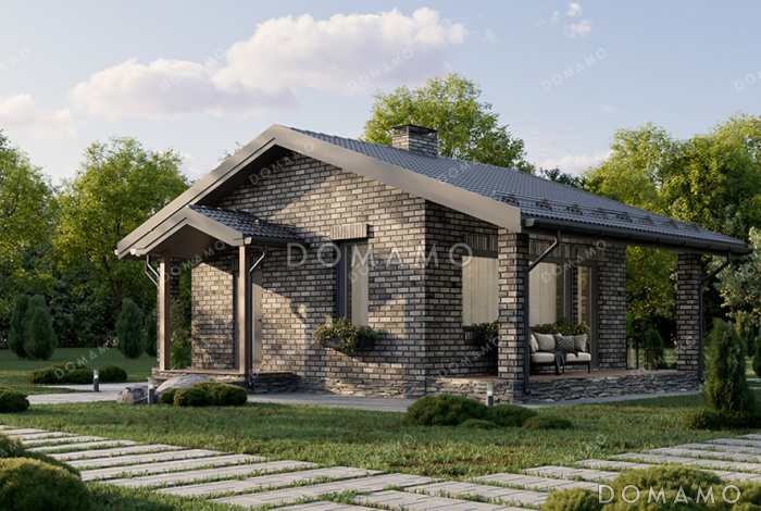 Проект компактной одноэтажной бани в классическом стиле с большой террасой, витражным остеклением и просторной комнатой отдыха