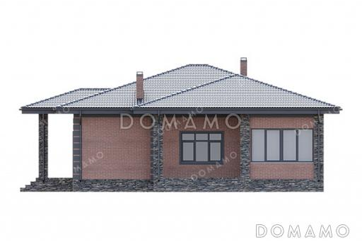 Проект уютного одноэтажного дома с крытой террасой, застекленной верандой, тремя спальнями и двумя санузлами / Фасад 1