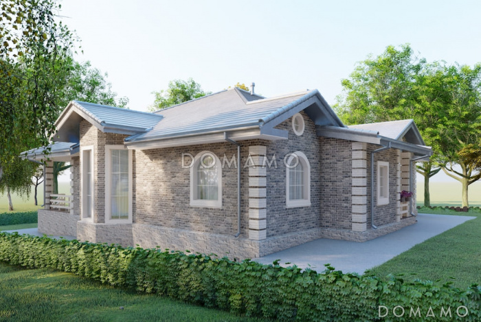 Проект одноэтажного кирпичного дома с 4 спальнями, террасой и столовой-гостиной