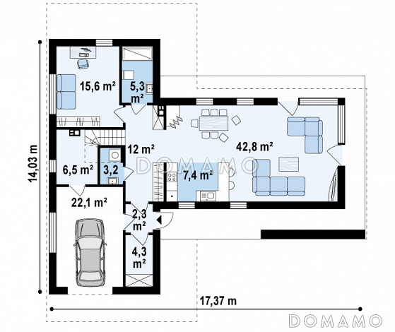 Проект современного двухэтажного дома из газобетона с плоской крышей, четырьмя комнатами и одноместным гаражом / План 1 этажа
