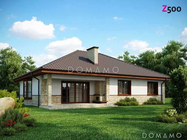 Проект одноэтажного дома из кирпича с зоной барбекю на террасе