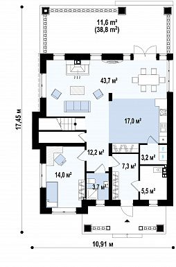 Проект двухэтажного дома с подвалом, спальней на первом этаже, просторной гостиной с выходом на террасу, кладовой в кухне / План 1 этажа