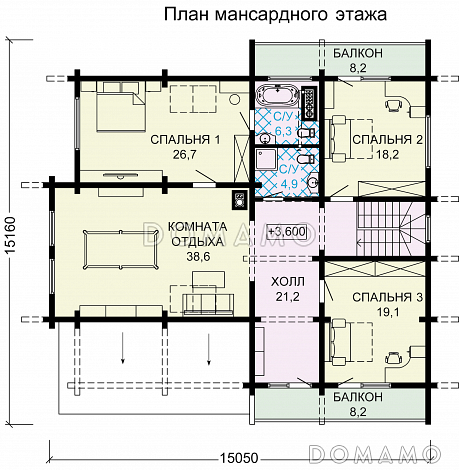 Проект дома с цокольным этажом, тренажерным залом, сауной и гаражом на два автомобиля / План мансардного этажа