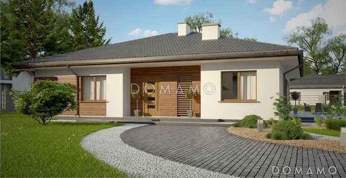 Проект одноэтажного дома с четким зонированием, крытой террасой, гостиной с камином, изолированной кухней