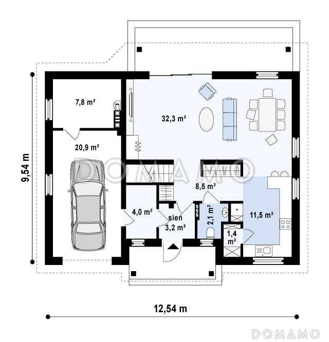 Проект одноэтажного дома из кирпича с мансардой облицованной натуральным деревом со встроенным гаражом / План 1 этажа