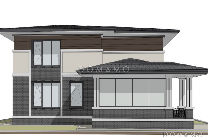 Проект двухэтажного дома в стиле Райта с кухней-столовой, застекленной террасой, постирочной на втором этаже