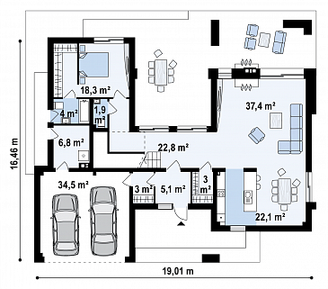 Проект современного просторного двухэтажного дома из газобетона с гаражом и просторными террасами на обоих уровнях / План 1 этажа