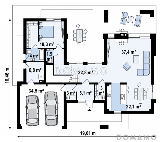 Проект современного просторного двухэтажного дома из газобетона с гаражом и просторными террасами на обоих уровнях / План 1 этажа