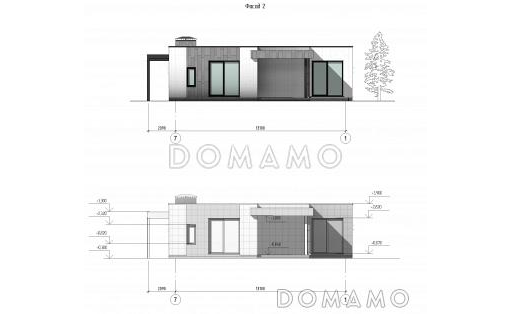 Проект одноэтажного дома с мастер-спальней, двумя детскими, гаражом, навесом и верандой / Фасад 2