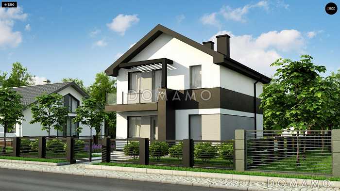 Проект дома с небольшой комнатой на первом этаже, кухней с окном, террасой, балконами