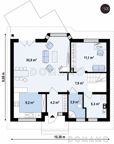 Проект одноэтажного мансардного дома из кирпича с тремя спальнями, кабинетом и эркером в гостиной / План 1 этажа