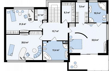 Проект современного двухэтажного дома в стиле хай-тек из кирпича с плоской крышей, гаражом и балконом / План 2 этажа