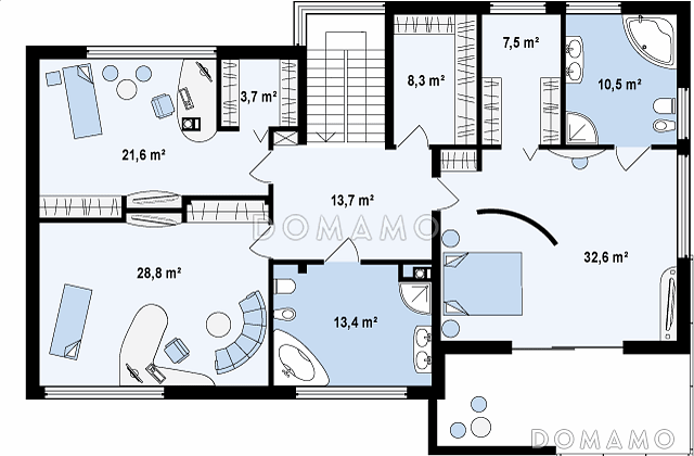 Проект современного двухэтажного дома в стиле хай-тек из кирпича с плоской крышей, гаражом и балконом / План 2 этажа