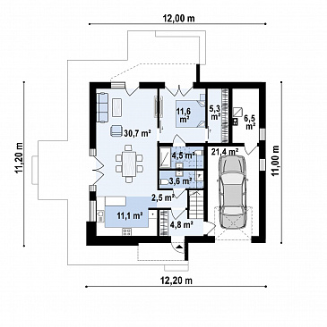 Проект современного двухэтажного дома с гаражом, кладовой, хозяйской спальней / План 1 этажа