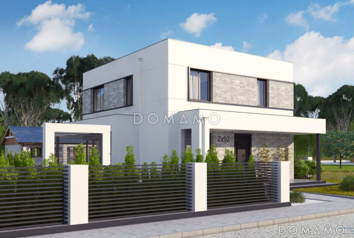 Проект современного двухэтажного дома из кирпича с плоской крышей, четырьмя комнатами и угловым остеклением гостиной