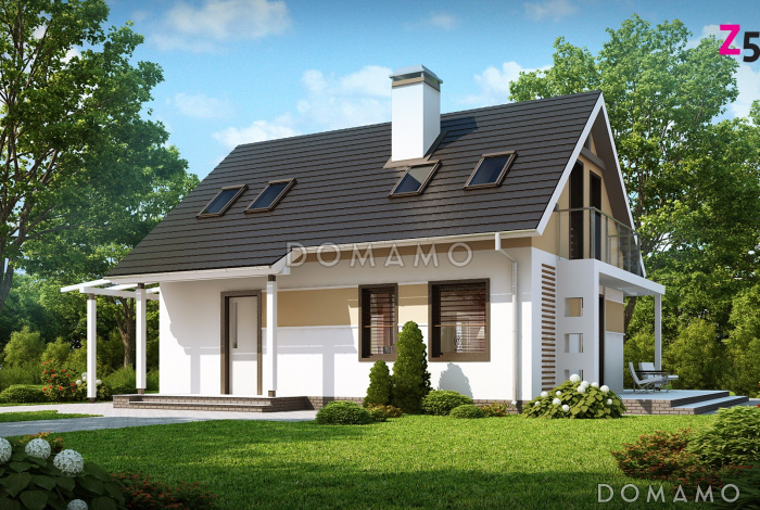 Проект одноэтажного мансардного дома из газобетона с балконом и навесом для автомобиля, с увеличенной гостиной