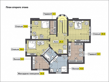 Дом с полукруглым эркером, смежным холлом, гостиной и столовой,  мансардным помещением / План 2 этажа