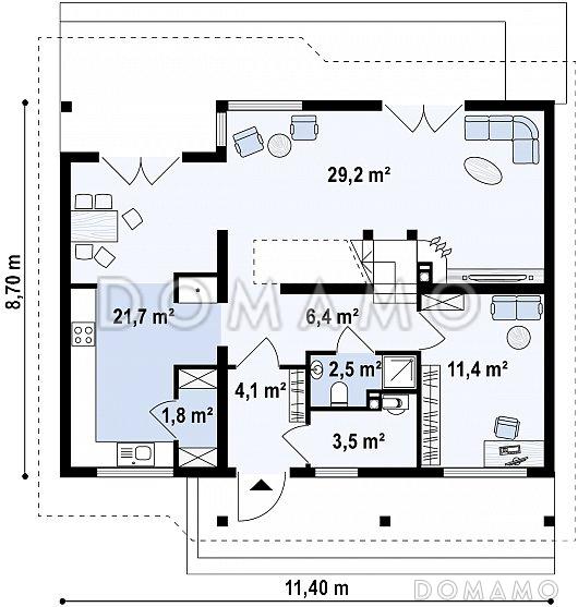 Проект одноэтажного мансардного дома из газобетона с кабинетом и тремя комнатами / План 1 этажа